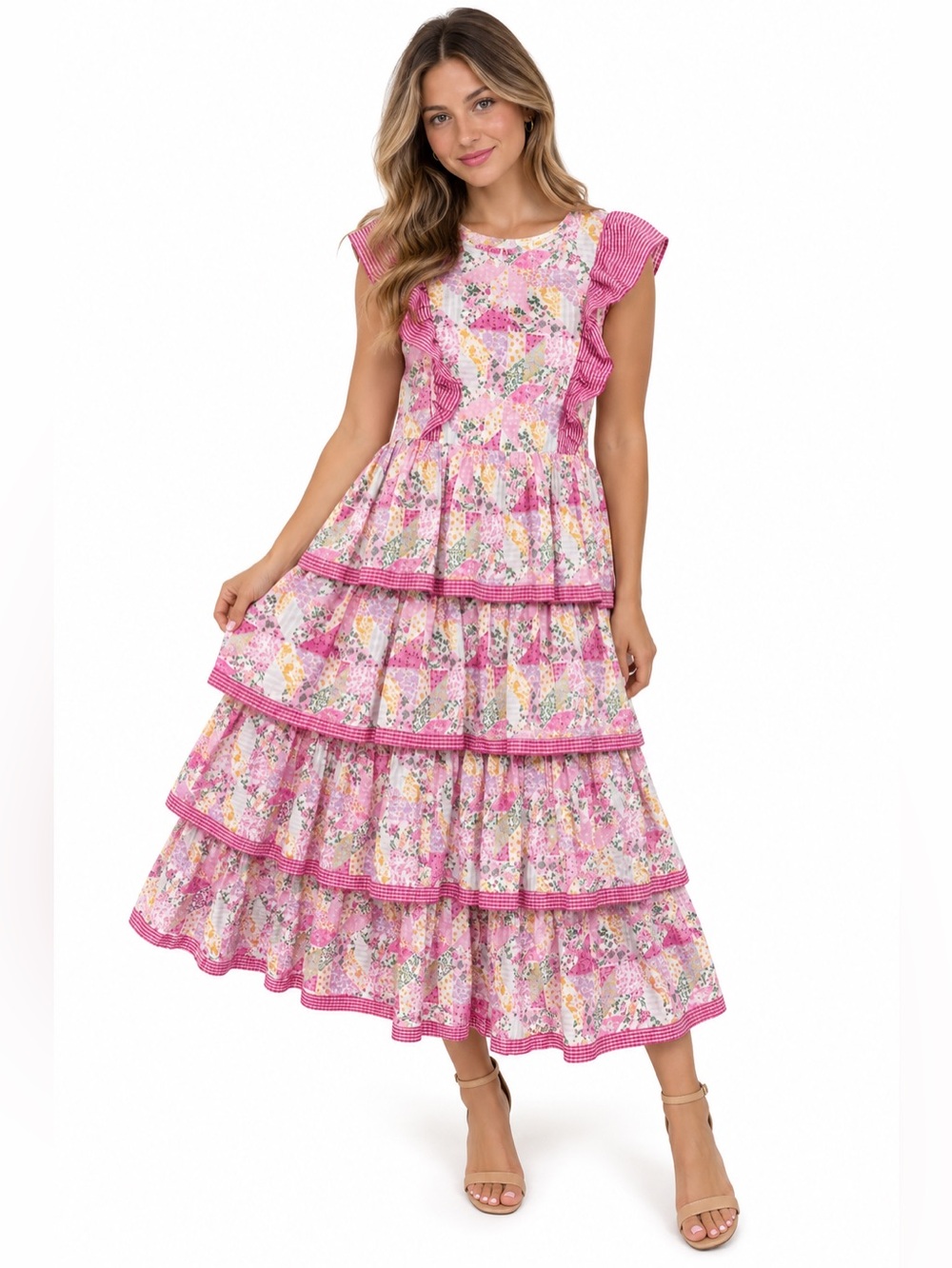 Simply Southern Collection NWT L Pink Patchwork Floral Tiered Ruffle Maxi Dress